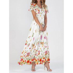 Lovely White Flower Printed V Neck Short Sleeve Maxi Dress
